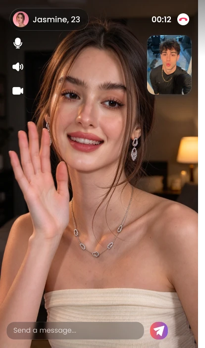 Illustrative video chat screen with a participant waving hello