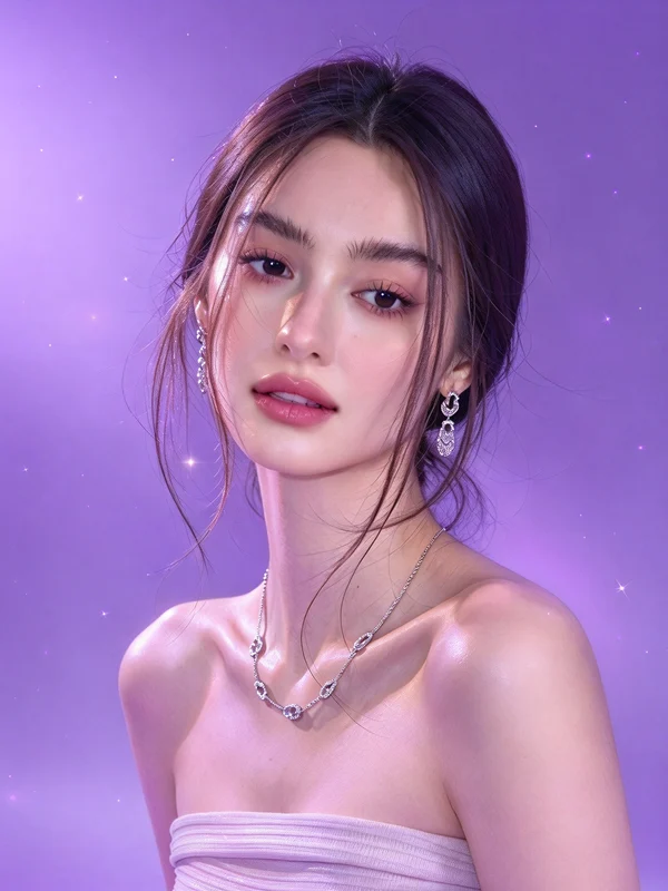 Illustrative portrait against a sparkling lavender background.