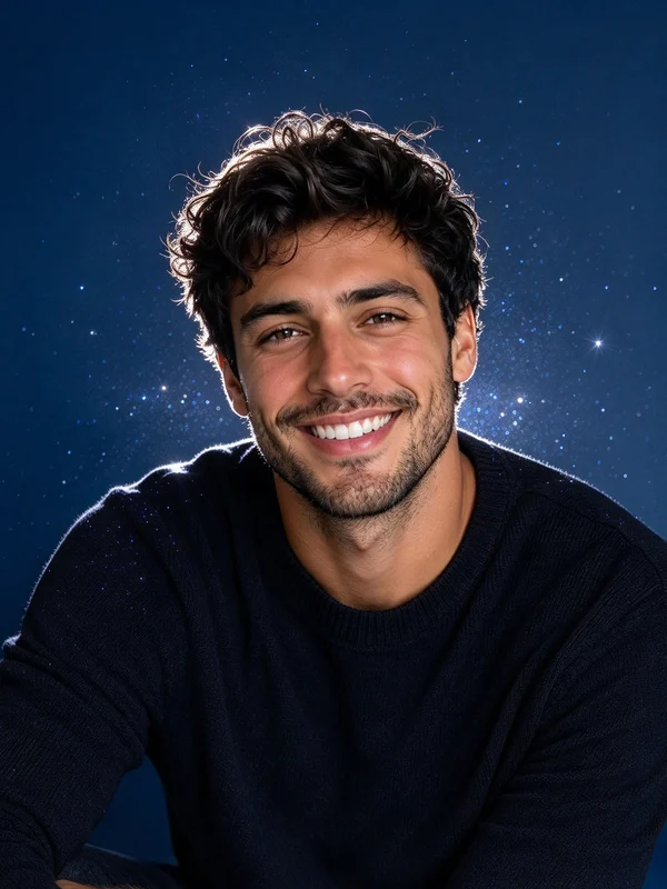 Illustrative portrait against a sparkling midnight-blue background.