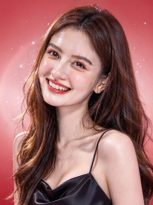 Illustrative smiling portrait against a sparkling coral-red background.