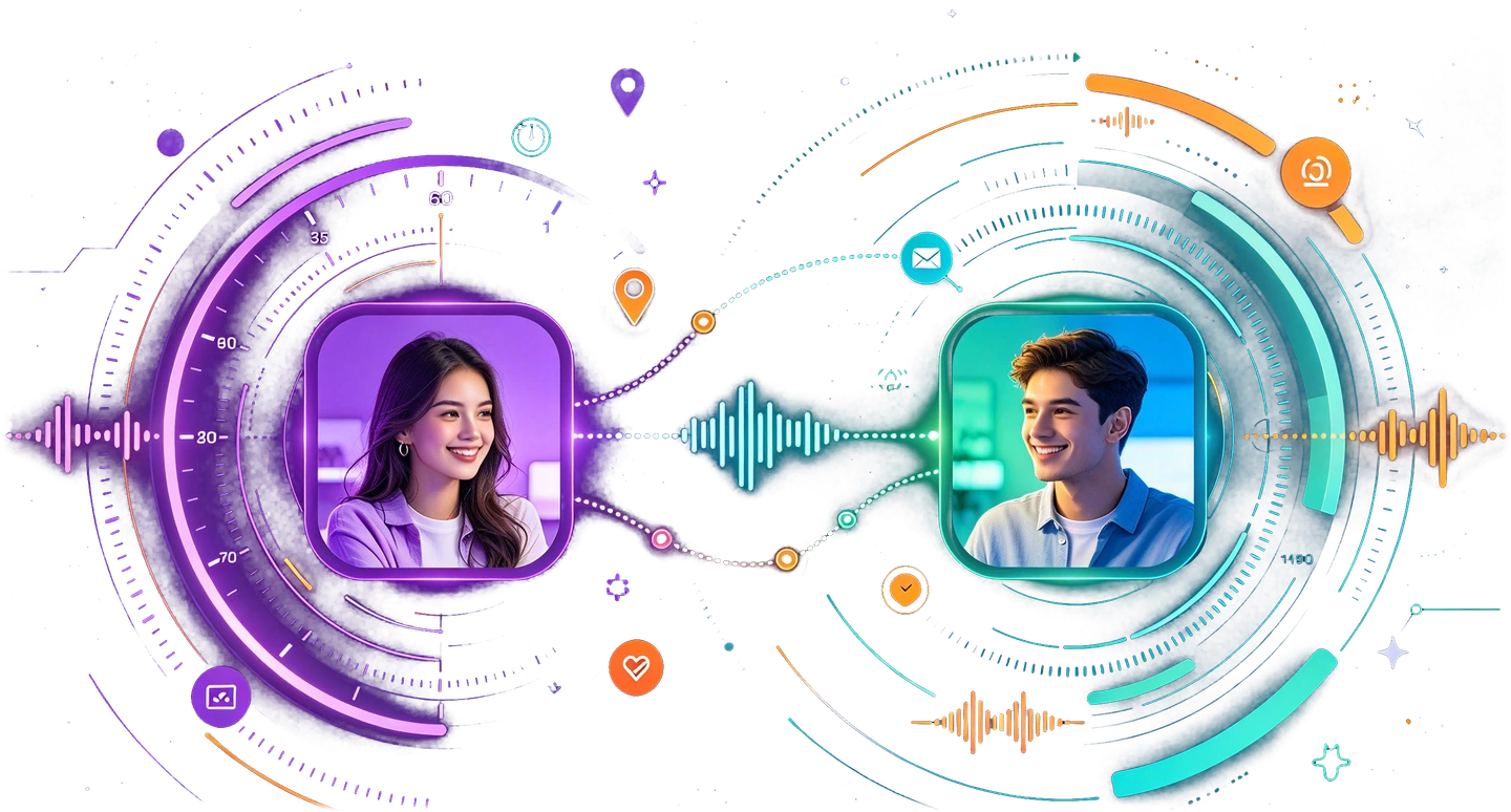 Two illustrated video portraits connected across an online conversation