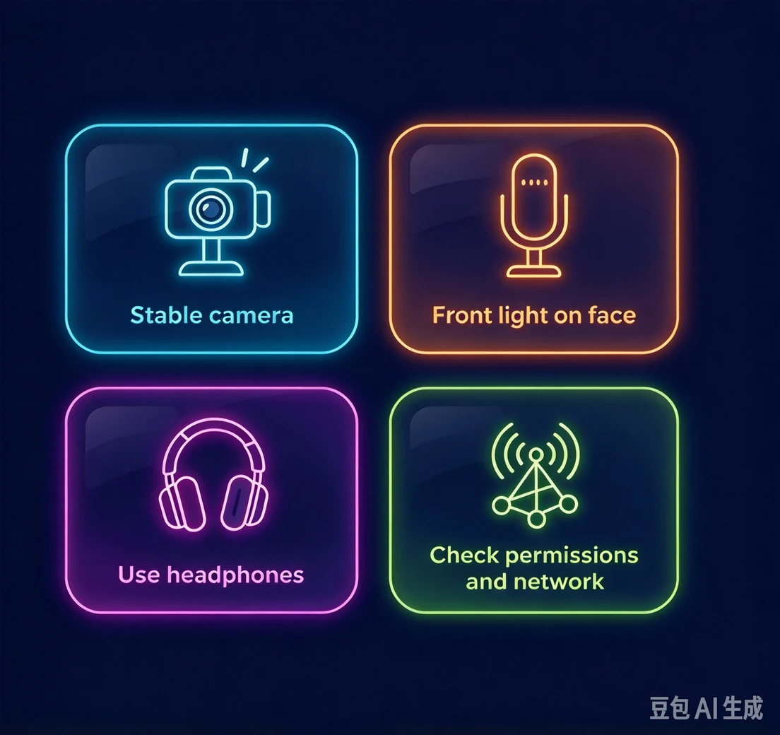 Video call setup: steady camera, front light, headphones, permissions, network