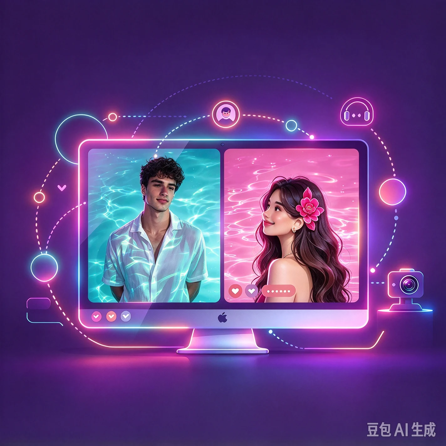 Illustrated video chat connecting two people on a screen