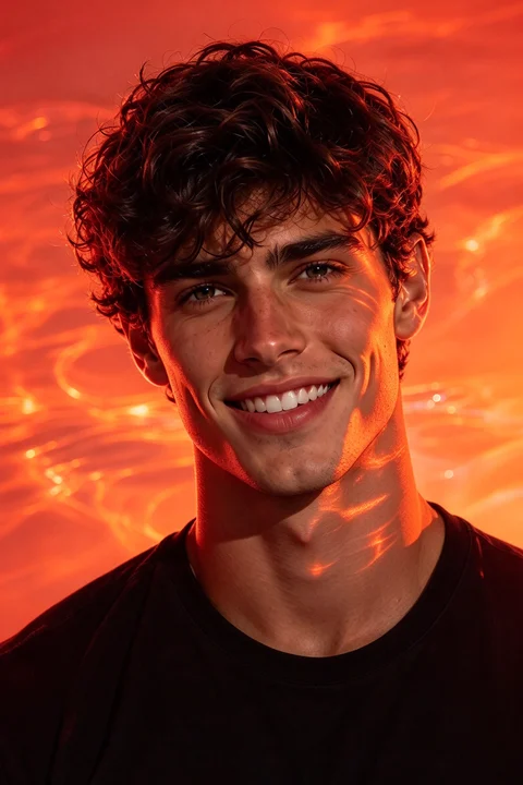A smiling person with curly hair under orange lighting