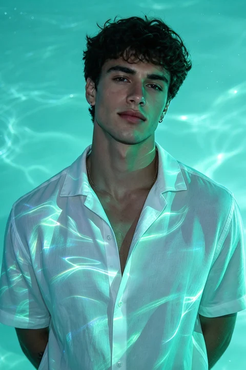 A person in a white shirt under teal lighting