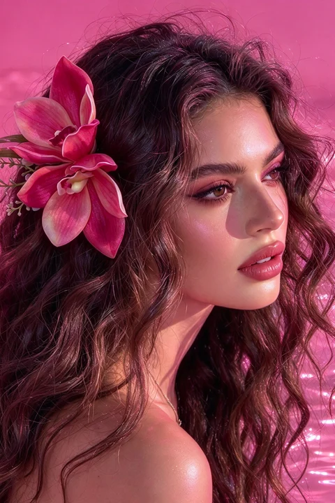 A person with a red flower in their hair under magenta lighting