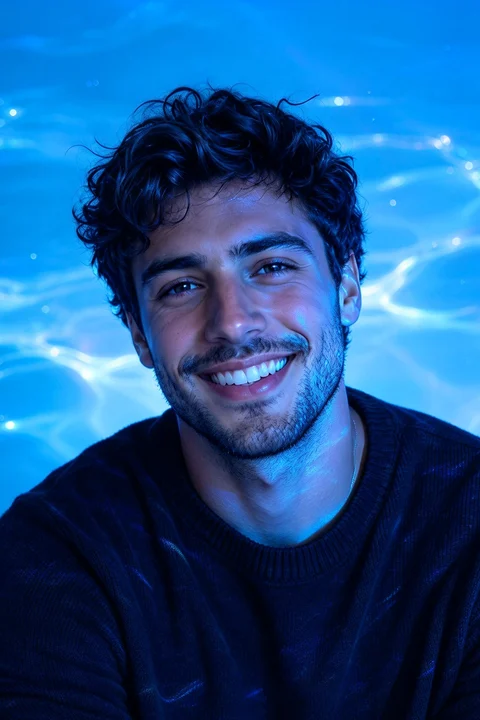 A smiling person in a black sweater under blue lighting